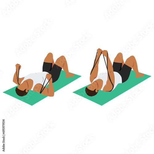 Man doing banded lying chest press from floor with yoga fitness mat. Flat vector illustration isolated on white background