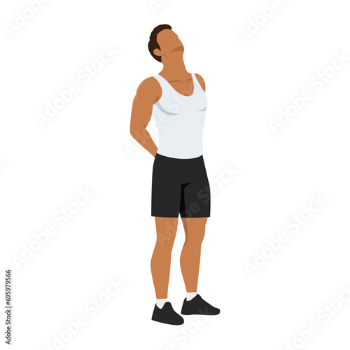 Man doing neck stretch while standing and looking up exercise. Flat vector illustration isolated on white background