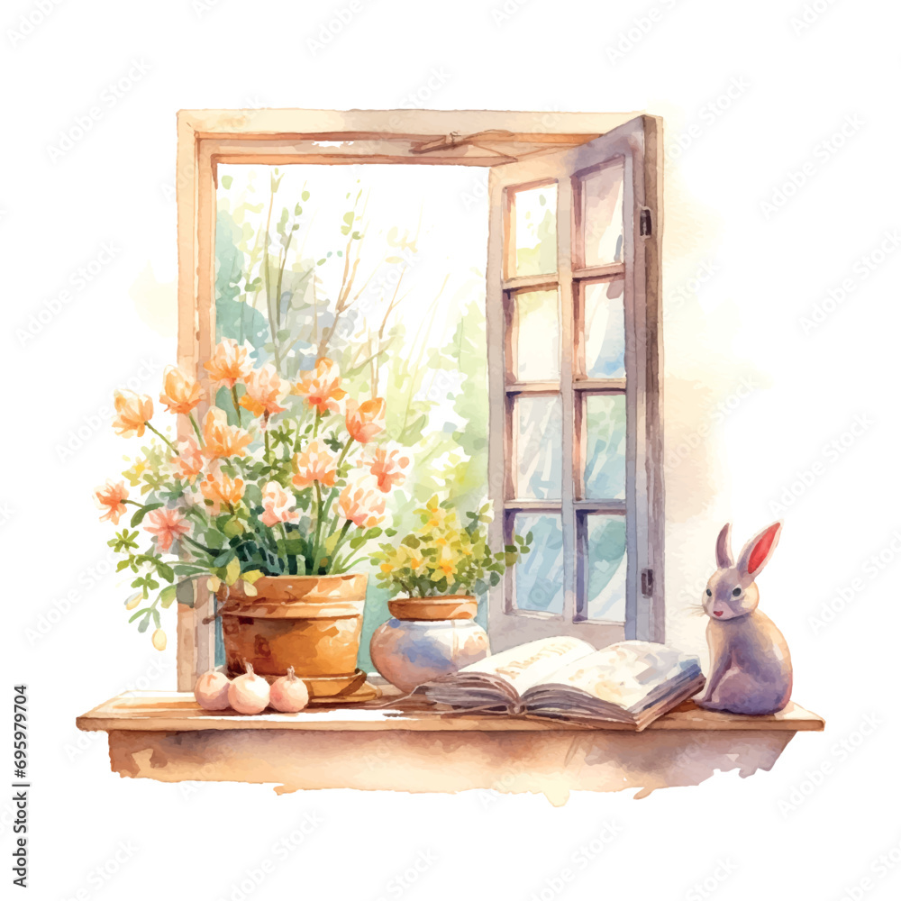 Spring windowsill landscape scene with Spring objects like books, vase with flowers, bunny cottage ore look