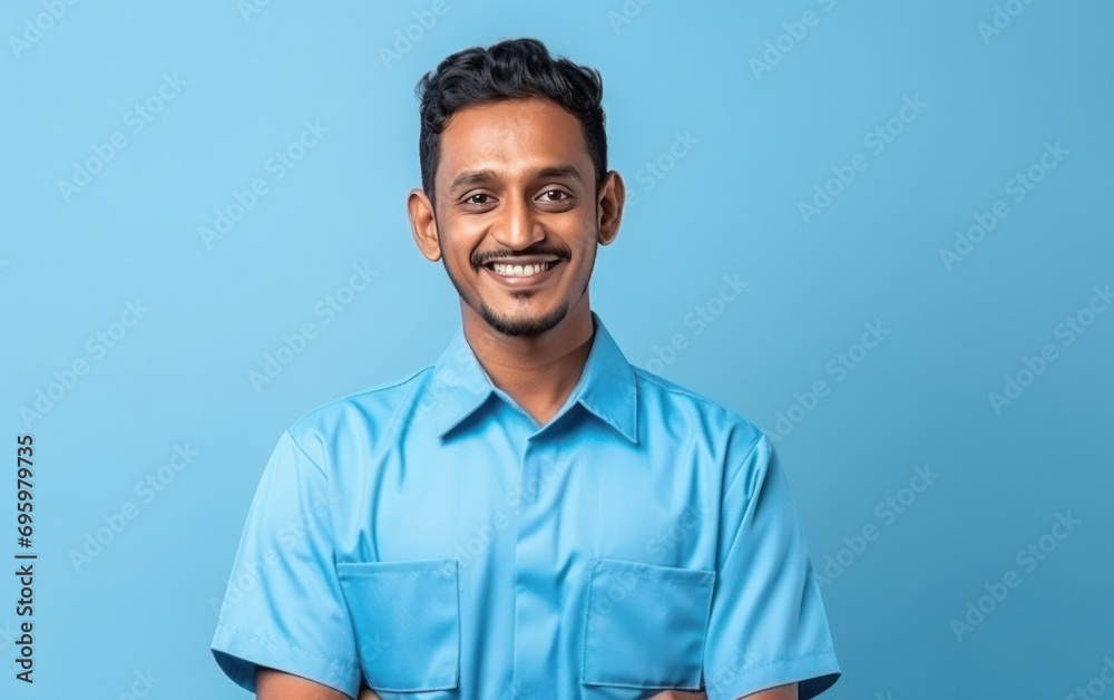 Indian auto mechanic man standing on blue background Indian auto mechanic man standing on blue background