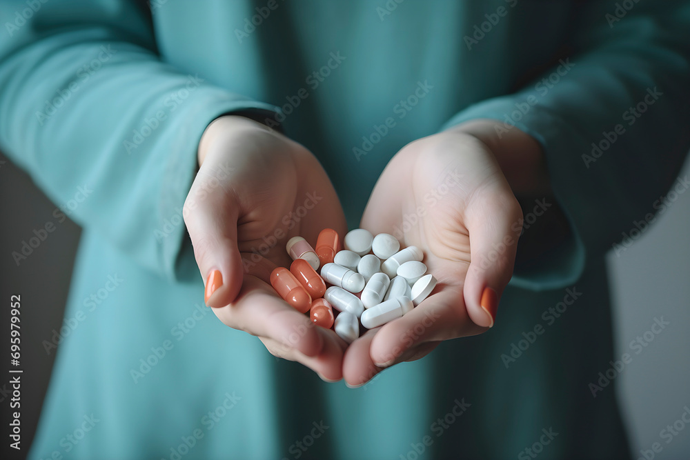 Antidepressant pills in the hands of a woman. AI generated Antidepressant pills in the hands of a woman. AI generated