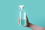 Glass cleaner in a man's hand on a blue background. AI generated