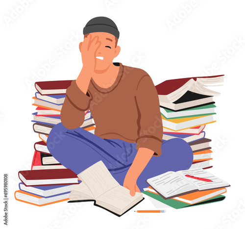 Tired, Sad Student Surrounded By Towering Stacks Of Books, Feeling Overwhelmed By The Vast Knowledge And Academic Demand