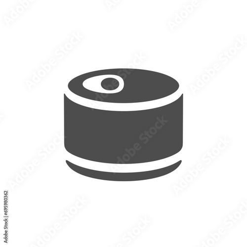 Round tin can icon in silhouette. Food preserves. Conserved meat, fish, pet food. Vector illustration isolated on white background. For web design, store decoration, logo template, product packaging