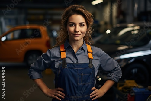 Proud Smile of a Skilled Craftswoman Portrait of a Car Mechanic Woman Radiating Confidence, Dedicated to Car Repair and Maintenance Service Excellence. created with Generative AI