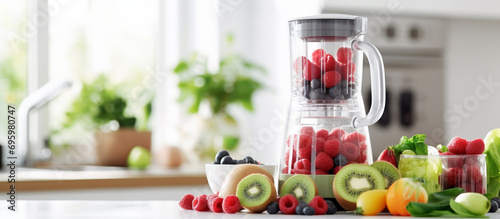 Fresh ripe fruits and berries for healthy breakfast drink with blender mixer on light kitchen table.AI Generative