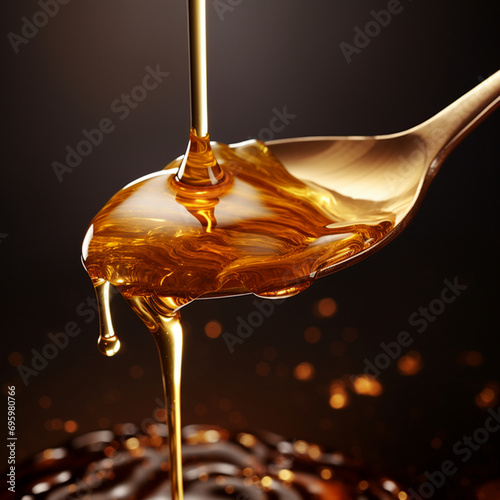 Fotografia con detalle de cuchara dorada con goteo de miel y fondo de tonos oscuros photo