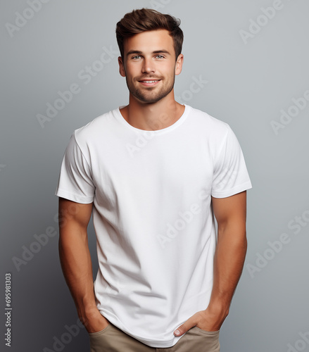 Young adult man wearing white shirt is standing smiling and looking camera 