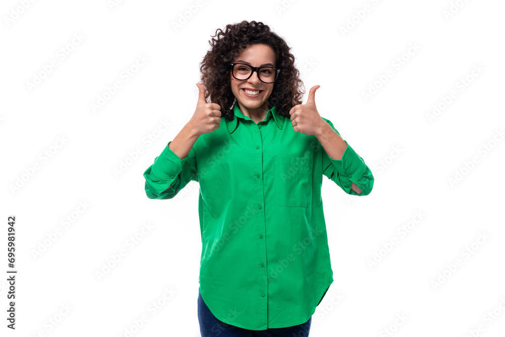 young secretary brunette woman with curly hair dressed in a green shirt young secretary brunette woman with curly hair dressed in a green shirt
