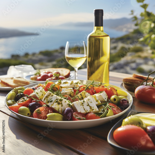 Fotografia con detalle de plato con ensalada mediterranea sobre mesa, con vino, y vistas naturales photo