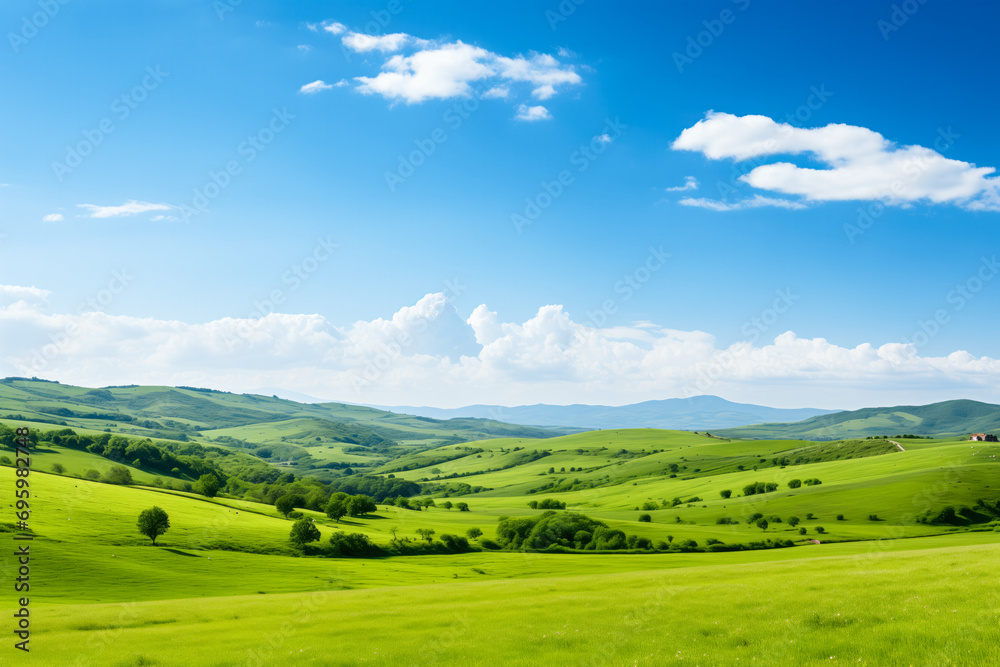 Irish Countryside Panorama, Verdant Hills and Clover Patches with Text Ready Clear Blue Sky