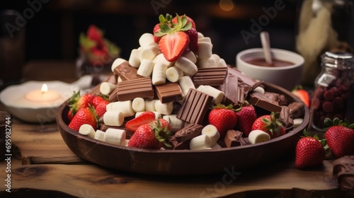 chocolate fountain surrounded by skewers of marshmallows  strawberries  and banana slices on a wooden skewer.