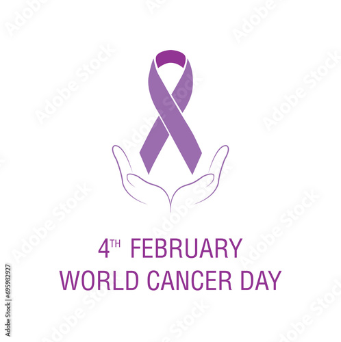 Cartel del día mundial del cáncer con dos manos sosteniendo una cinta morada. Concepto: salud. Vector
