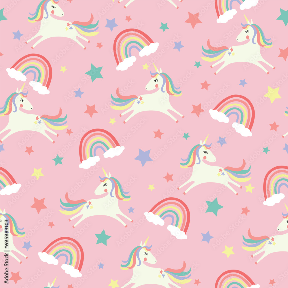 Hand drawn Unicorn and rainbow seamless pattern background for kids