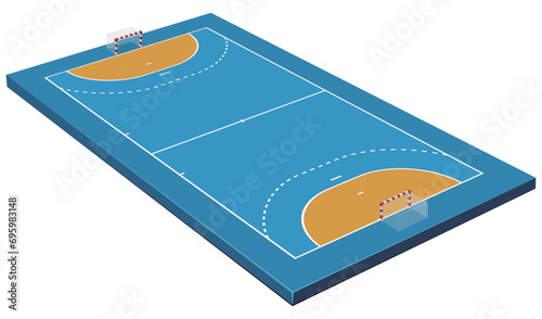 3D handball court with its ground markings and goals isolated on a white background