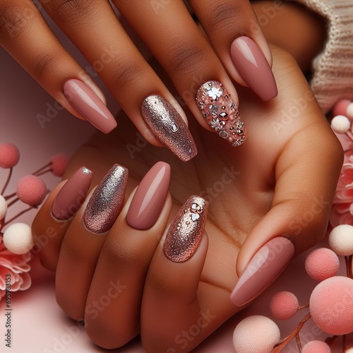 Female hands with black manicure. African-American model. Generative AI