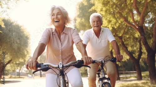Cheerful senior couple riding bicycles in a park, enjoying active lifestyle.