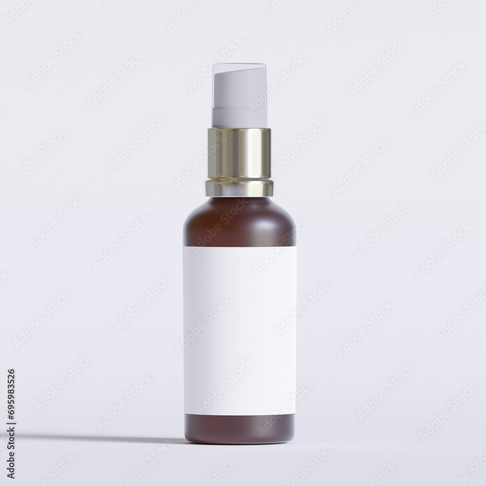 Glass bottle cosmetic rendering 3D software illustration with label and white color realistic texture Glass bottle cosmetic rendering 3D software illustration with label and white color realistic texture