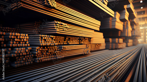Reinforcement bars  in industrial stockyard. Metal products in metallurgical plant or warehouse. photo