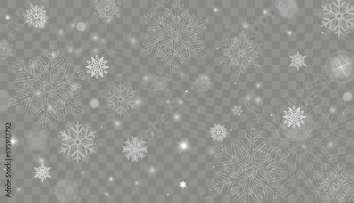 Tiny flying snow flakes illustration. Snowstorm dust freeze shapes. Snowfall sky white transparent wallpaper. Flat snowflakes january vector. Snow hurricane landscape.