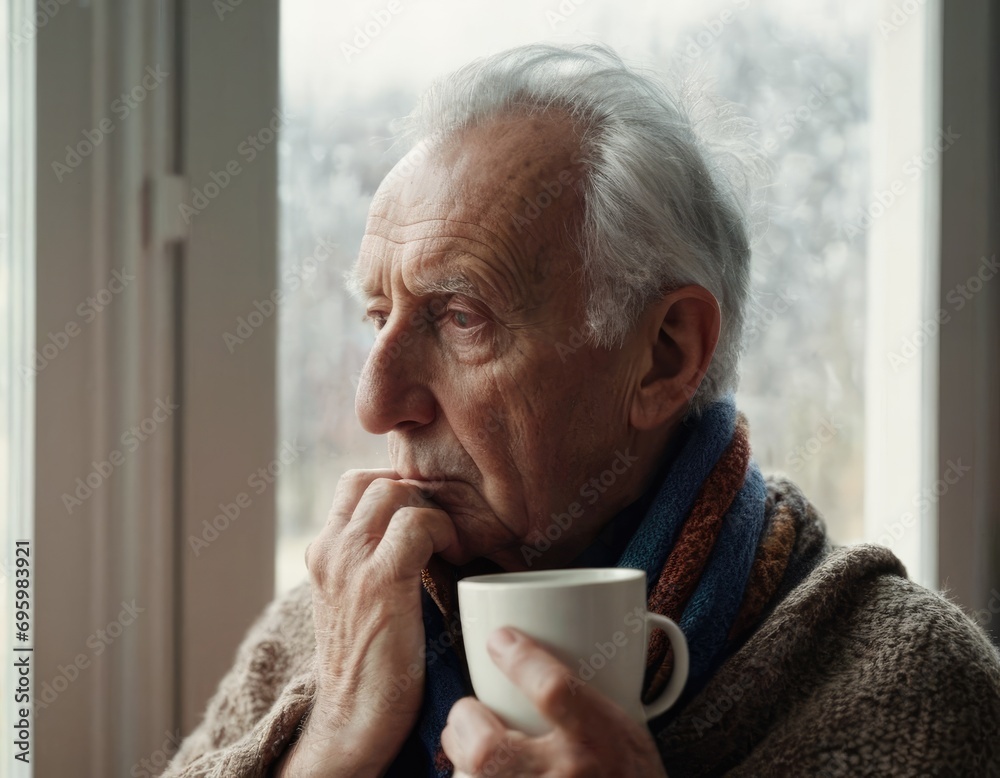 Closeup Side portrait of unhealthy elderly man unhappy at home wrapped in a warm blanket drinking medicine or coffee near the window looking outside. Cold interior temperature concept. Closeup Side portrait of unhealthy elderly man unhappy at home wrapped in a warm blanket drinking medicine or coffee near the window looking outside. Cold interior temperature concept.