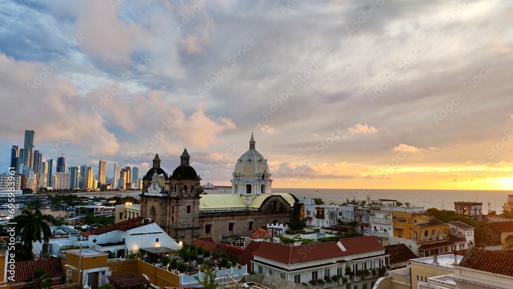 Beautiful sunset in Cartagena de Indias, Colombia, from a rooftop. High quality photo