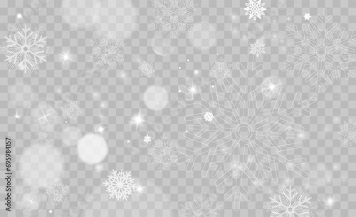 Tiny flying snow flakes illustration. Snowstorm dust freeze shapes. Snowfall sky white transparent wallpaper. Flat snowflakes january vector. Snow hurricane landscape.