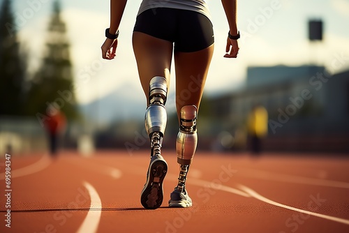 Inspirational Strides Disabled Athlete Woman with Prosthetic Legs Poised to Race on the Track  Defying Limits with Resilience and Determination. created with Generative AI