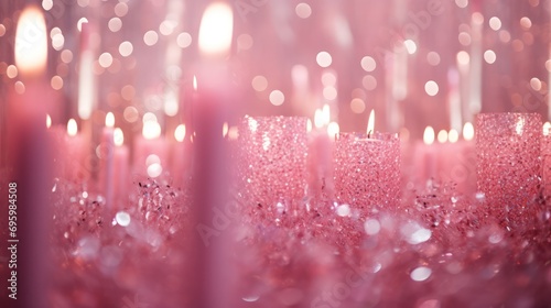 pink sparklers, candles and glitter background. Party to celebrate christmas, pinkmas, valentines day, birthday or new year. photo