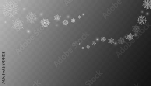 Tiny flying snow flakes illustration. Snowstorm dust freeze shapes. Snowfall sky white transparent wallpaper. Flat snowflakes january vector. Snow hurricane landscape. photo