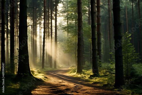 Enchanting sunbeams illuminating a serene misty forest with mesmerizing sunlight rays
