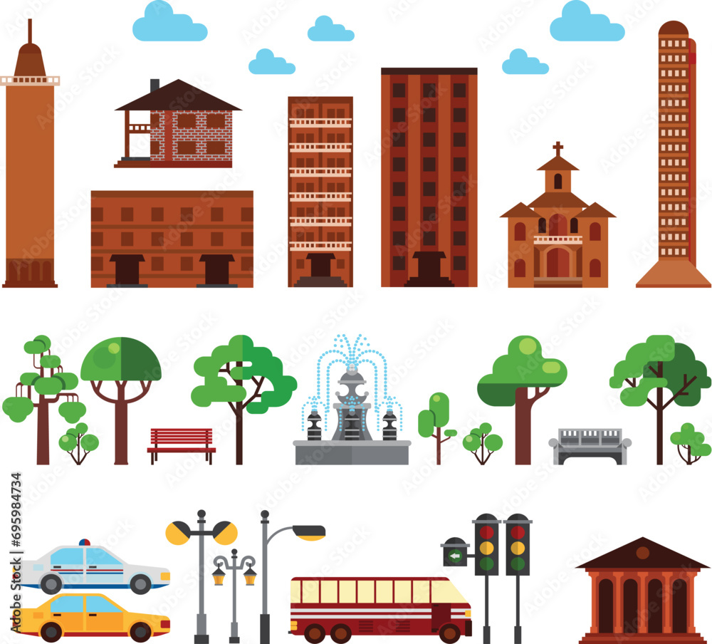 Cityscape illustration shows a cityscape in a style. The buildings are simple shapes with image is well-composed, with the buildings arranged in a balanced way.