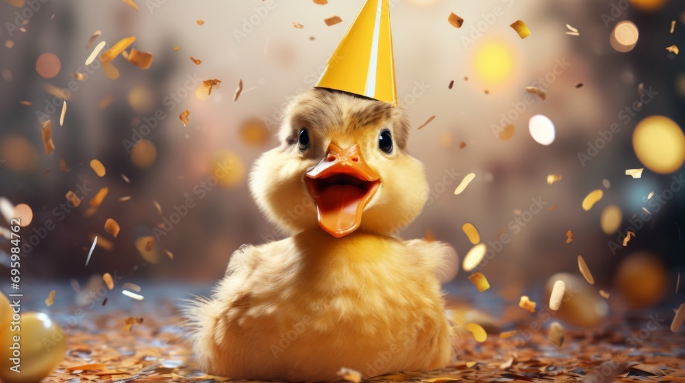 Happy cute animal friendly duck wearing a party hat celebrating at a fancy newyear or birthday party festive celebration greeting with bokeh light and paper shoot confetti surround happy lifestyle