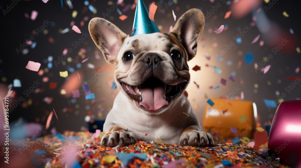 Happy cute animal friendly dog wearing a party hat celebrating at a fancy newyear or birthday party festive celebration greeting with bokeh light and paper shoot confetti surround happy lifestyle