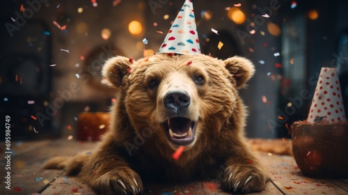 Happy cute animal friendly brown bear wearing a party hat celebrating at a fancy newyear or birthday party festive celebration greeting with bokeh light and paper shoot confetti surround party