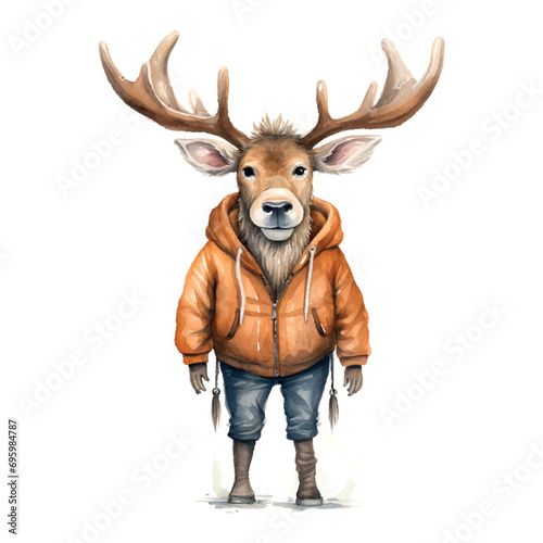 cartoon Caribou with antlers , on a white background , sweaters and boots, in the style of soft watercolor