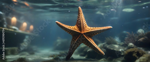 Big old starfish swimming underwater, it drak outsite, casting a faint glow on the mackerel swimming in a tank beside him photo