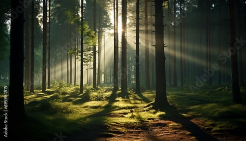 Ethereal misty forest with enchanting sunbeams and radiant light rays dancing through the trees © Ilja
