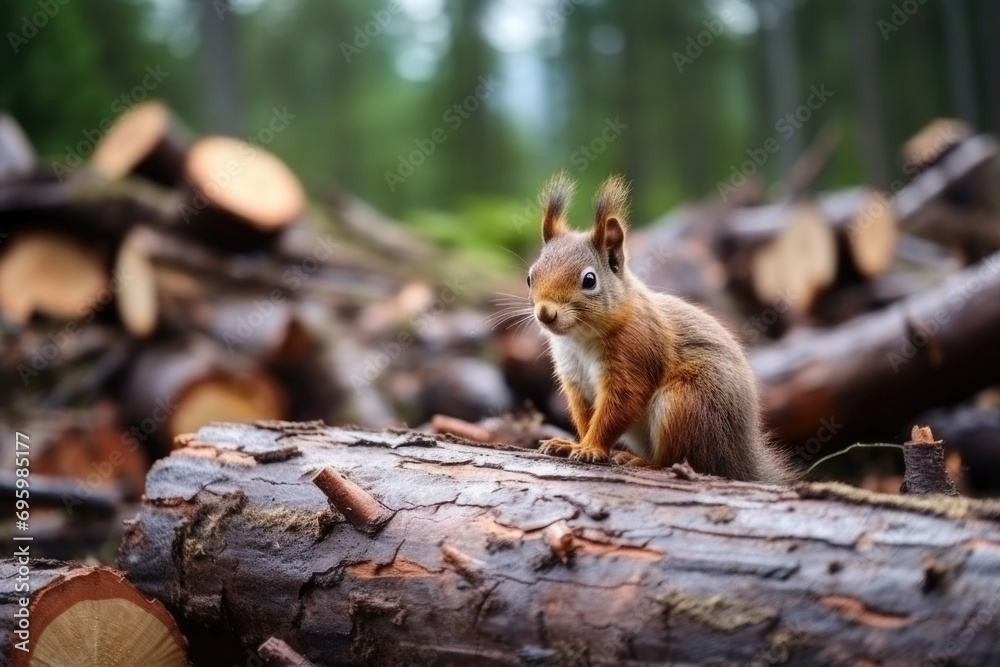 Cute little squirrel looking down at her ruined forest home that people have cut down. Felled forest, ecological catastrophe, deforestation. Cute little squirrel looking down at her ruined forest home that people have cut down. Felled forest, ecological catastrophe, deforestation.