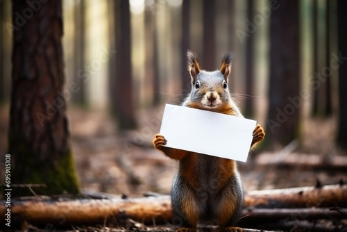 Squirrel holding a banner protesting against deforestation and destruction of wild life natural habitat photo