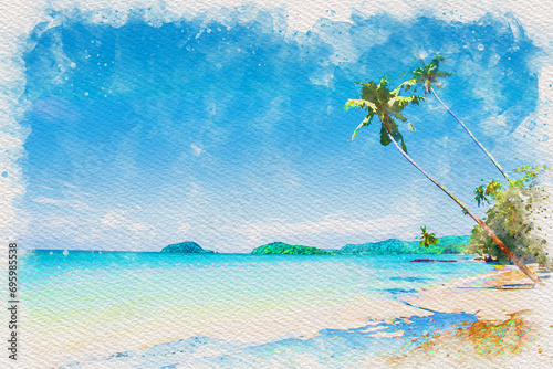 Digital watercolor of beautiful beach and cloudy sky. photo
