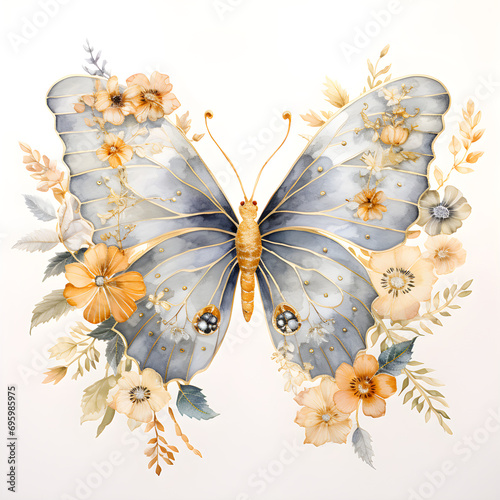 Watercolor Butterflies With Flowers