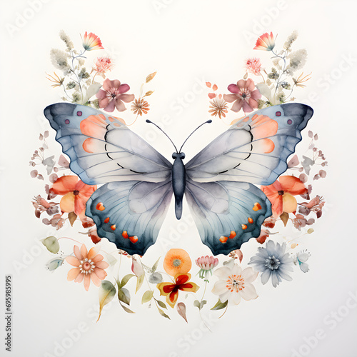 Watercolor Butterflies With Flowers