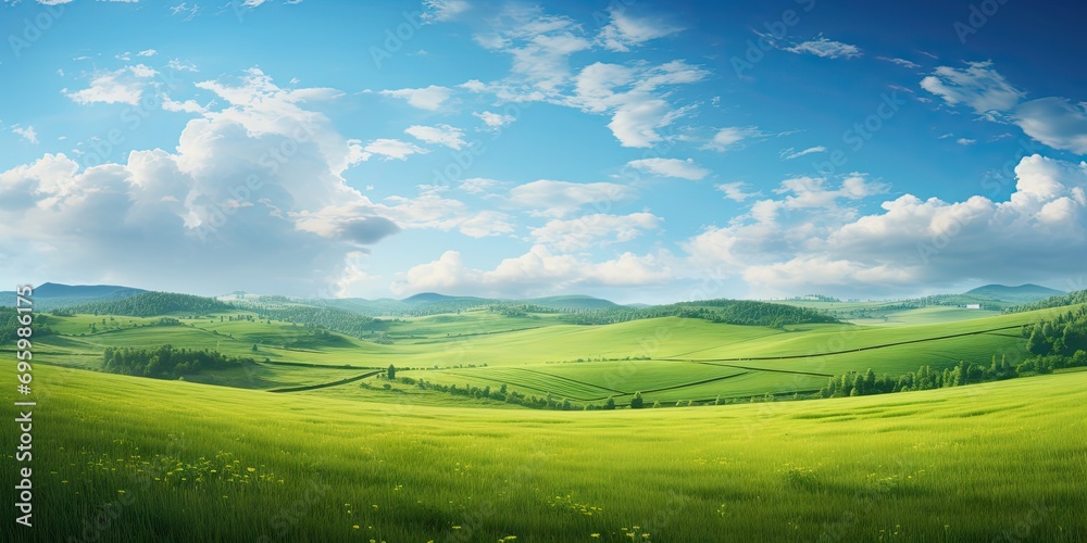 Landscape captures essence of vibrant summer day in countryside. Expansive field dressed in lush greenery stretches out under vast blue sky adorned with fluffy white clouds