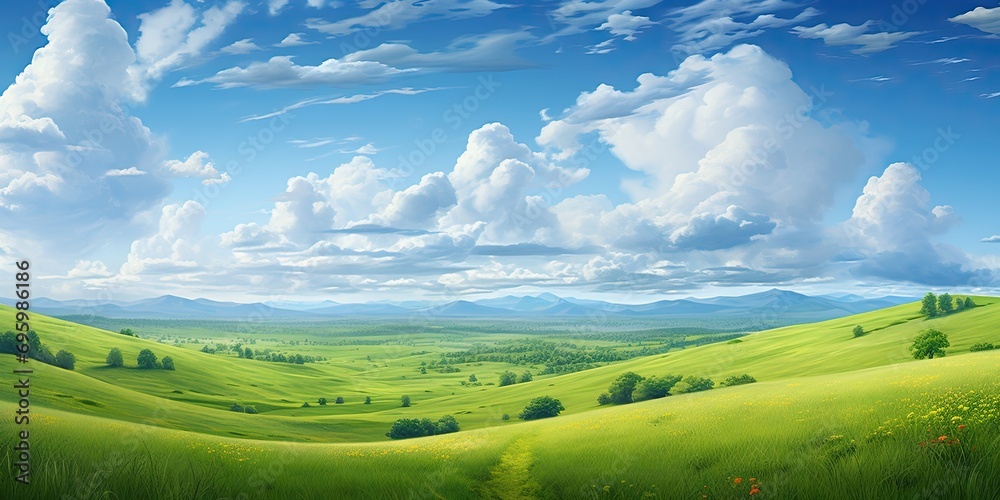 Obraz premium Landscape captures essence of vibrant summer day in countryside. Expansive field dressed in lush greenery stretches out under vast blue sky adorned with fluffy white clouds