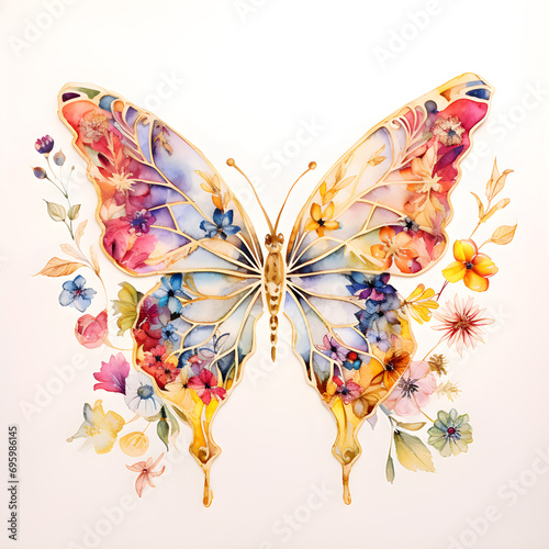 Watercolor Butterflies With Flowers