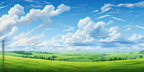 Landscape captures essence of vibrant summer day in countryside. Expansive field dressed in lush greenery stretches out under vast blue sky adorned with fluffy white clouds