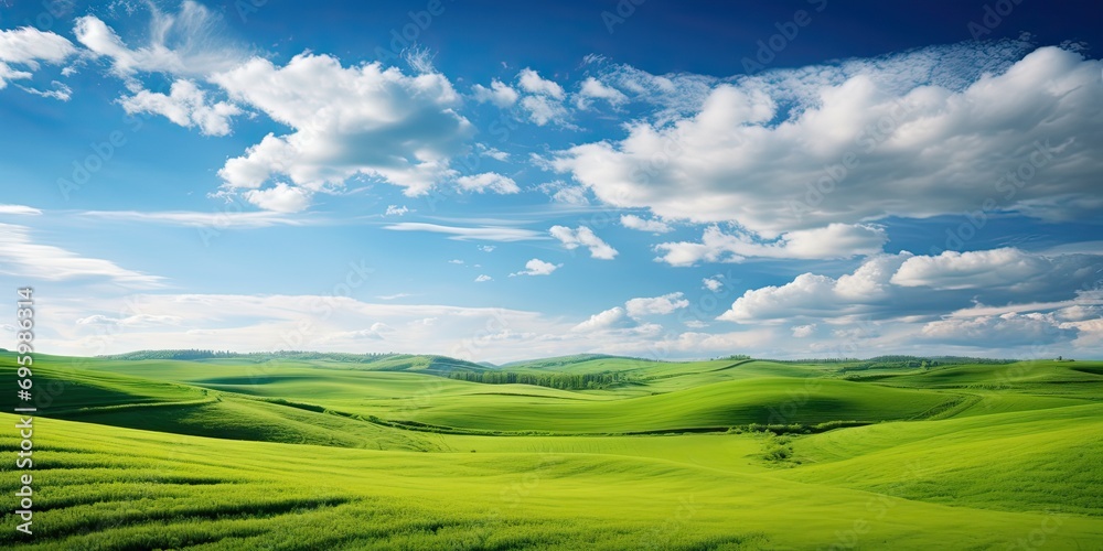 Landscape captures essence of vibrant summer day in countryside. Expansive field dressed in lush greenery stretches out under vast blue sky adorned with fluffy white clouds