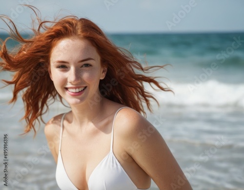 A young beautiut smiling girt in a white swimsult with red nair is standing on the beach among the sea waves in the water. The wind blows the hairstyle photo