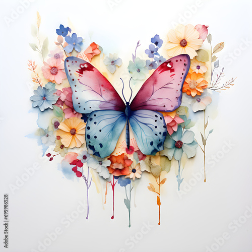 Watercolor Butterflies With Flowers